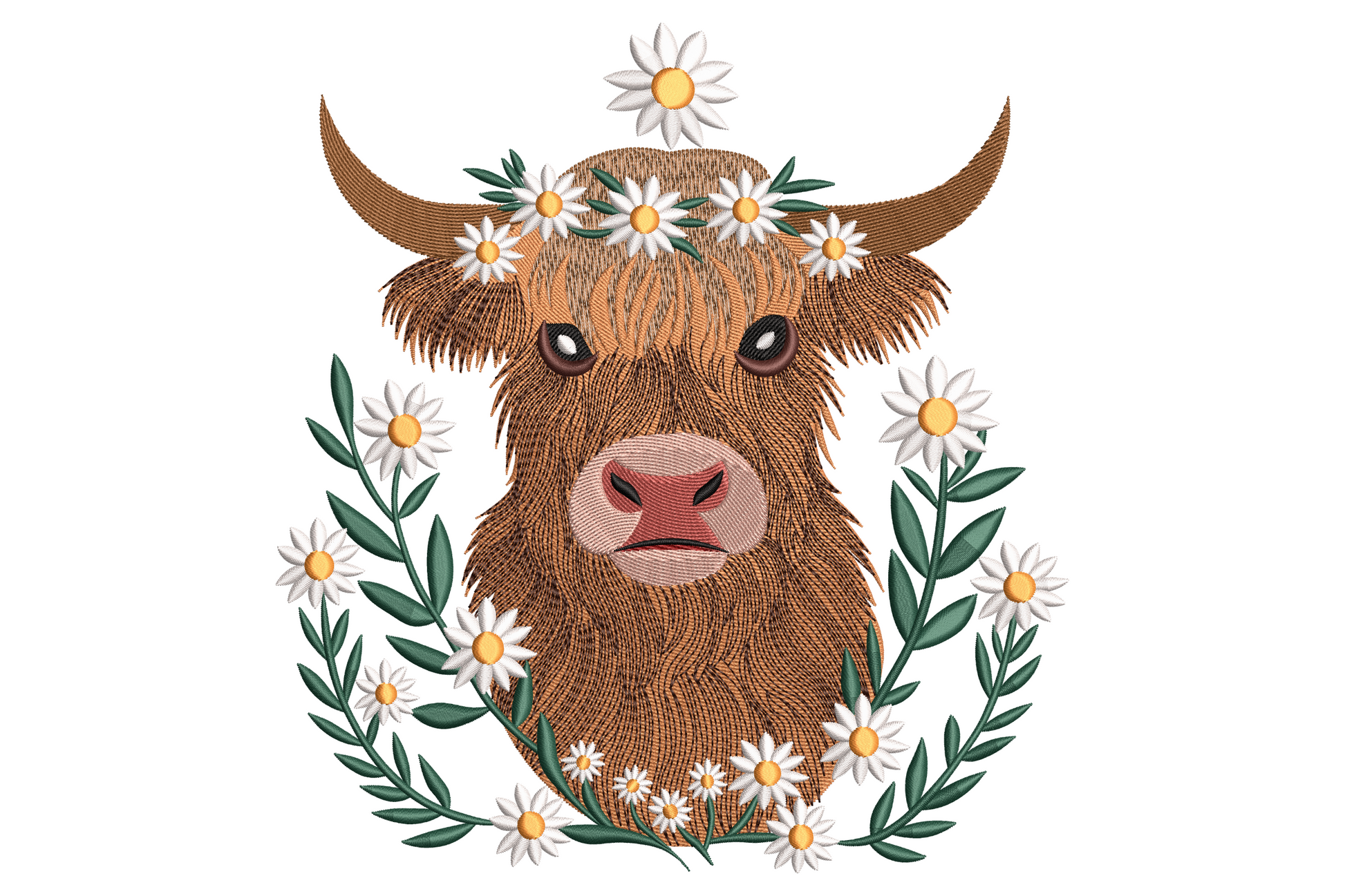 Highland cow head portrait with shaggy red brown fur, daisy crown and white daisy garland, pink nose embroidery design
