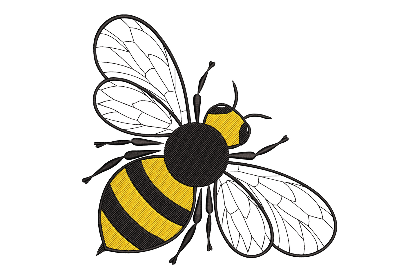 Detailed bumblebee embroidery, top-down view, striped abdomen, black thorax, fine-veined wings and six thin legs spread wide.