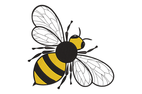 Detailed bumblebee embroidery, top-down view, striped abdomen, black thorax, fine-veined wings and six thin legs spread wide.