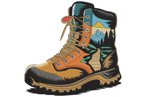 Hiking boot embroidery design with tan leather lace-up shaft and a mountain trail scene with peaks, sun and pines.