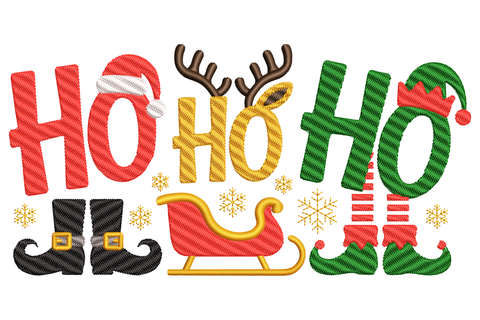 Ho Ho Ho Christmas embroidery design in wide banner layout, seven-colour festive lettering, bold display font style, 3.5 inch horizontal composition.