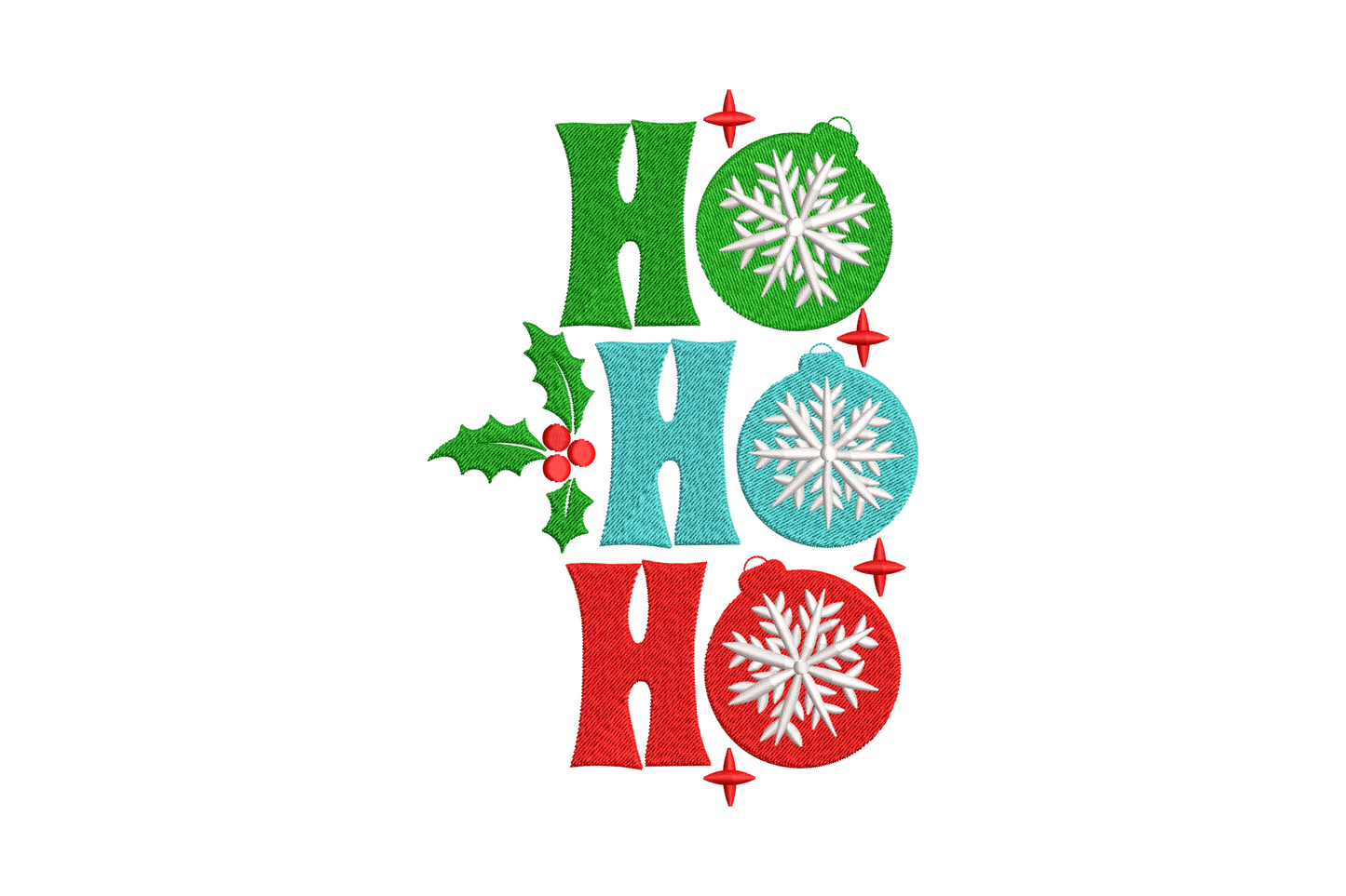 Ho Ho Ho stacked Christmas text with ornament balls in red and aqua, white snowflake detail and green holly accent, holiday embroidery design