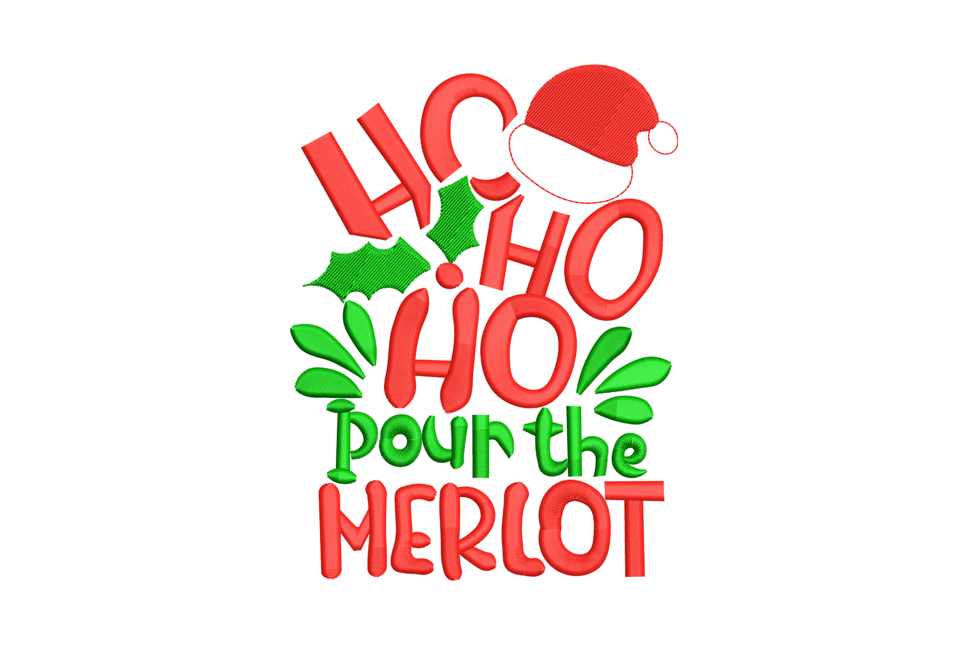 Ho Ho Ho Pour the Merlot holiday embroidery design with bold festive lettering and script accents in red and dark navy for Christmas gifts and aprons