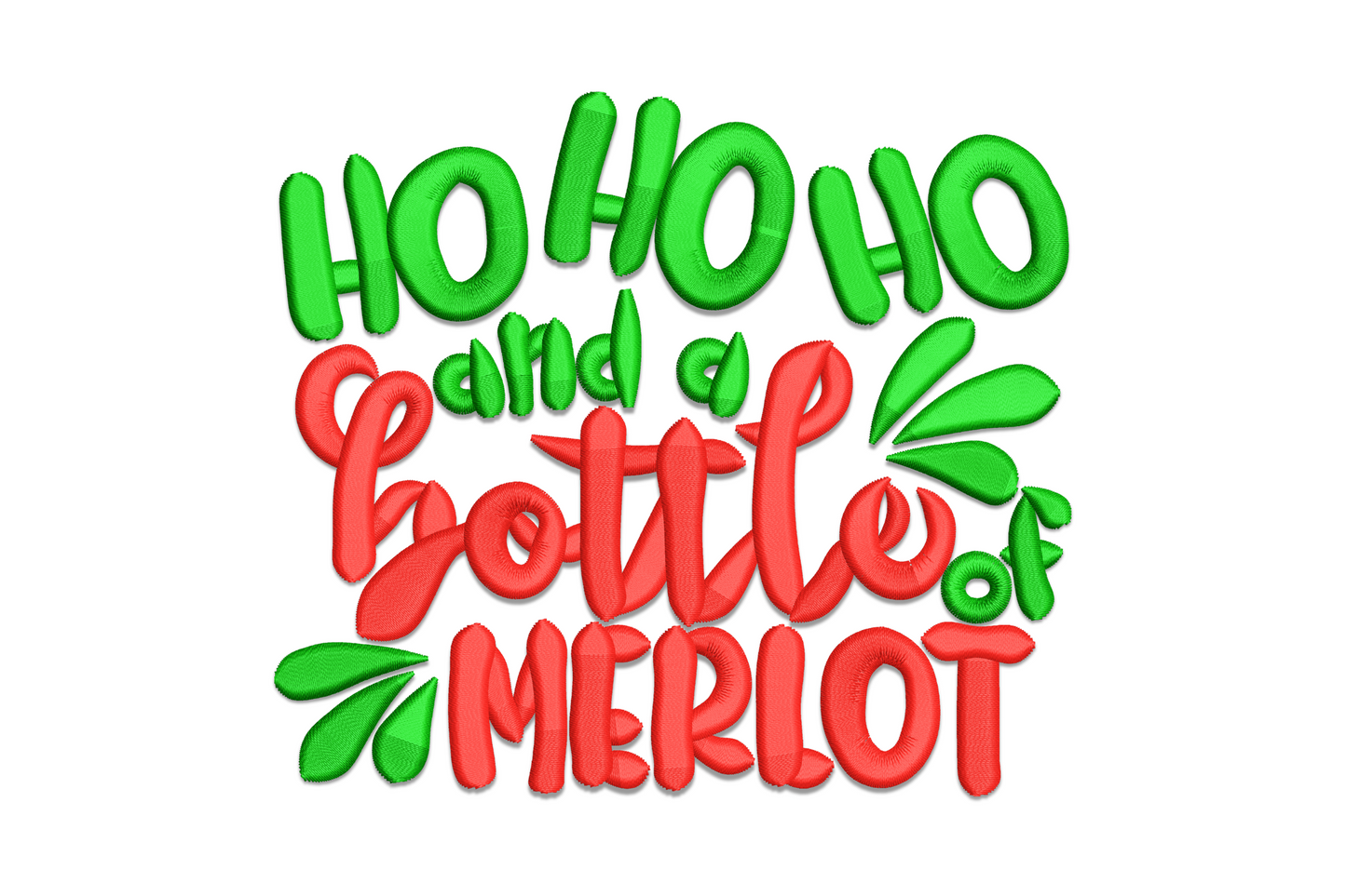 Ho Ho Ho and a Bottle of Merlot embroidery design, balloon-style dark green and red lettering on a red apron.