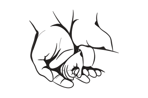 Holding hands line art embroidery showing adult and child fingers intertwined, directional stitching on knuckle detail.