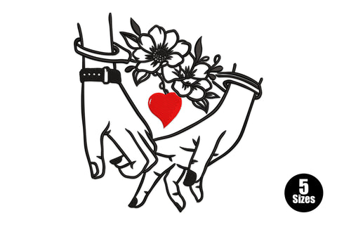 Holding hands with heart embroidery design, two interlocked hands holding flowers with red heart pendant, 2 colours
