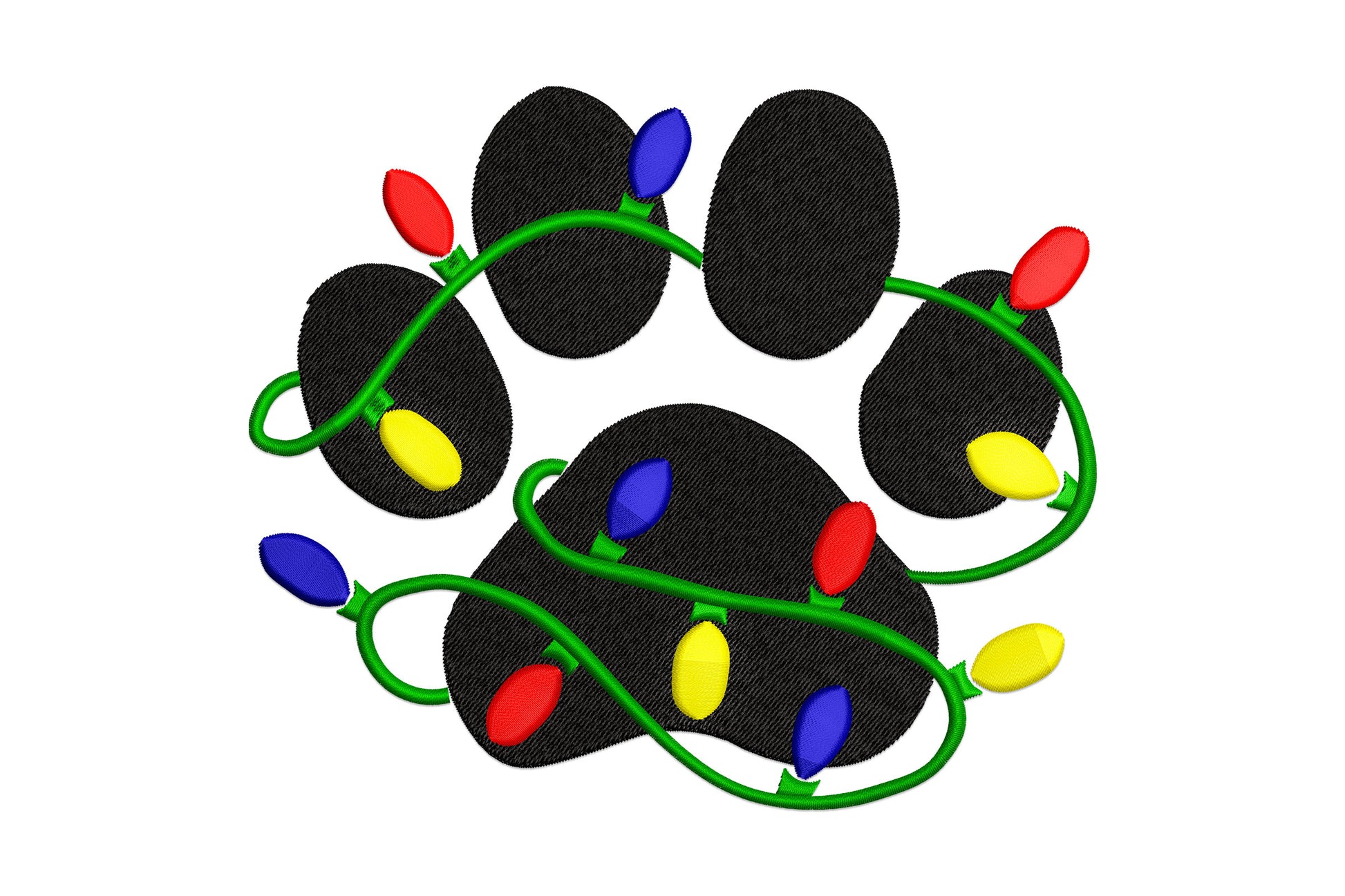 Holiday dog paw embroidery with black paw print wrapped in looping green christmas lights with red, yellow and blue bulbs.