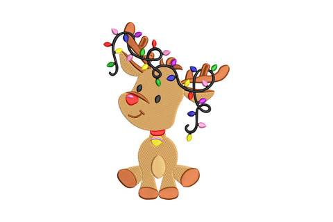 Baby reindeer sitting with multicolour string lights tangled in antlers, warm tan fur, red nose and small yellow bell collar.
