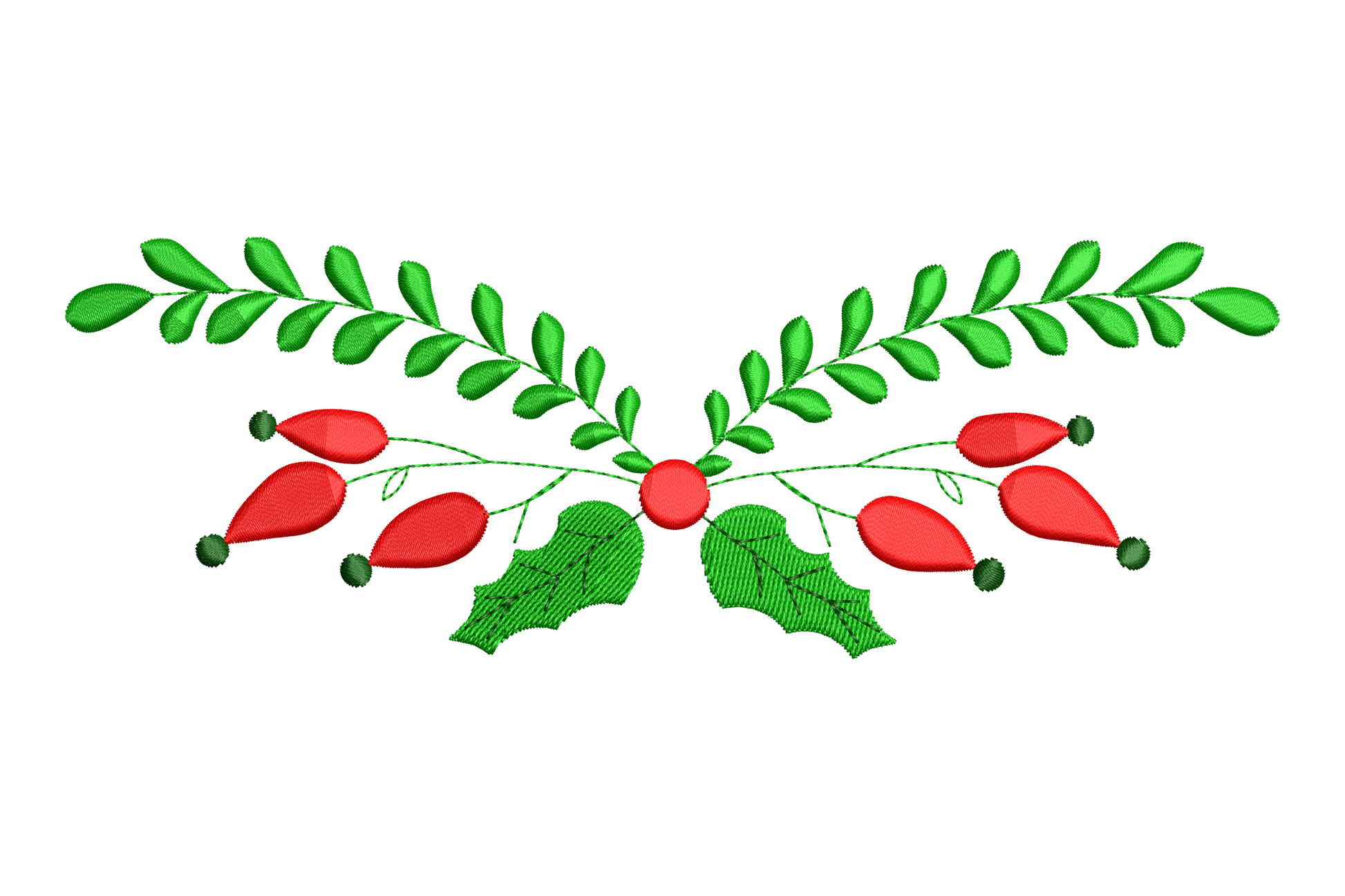 Holly berry Christmas border embroidery design in deep green and red with vein highlight, 5 sizes from 3.51 to 7.51 inches, up to 2.61 inches wide