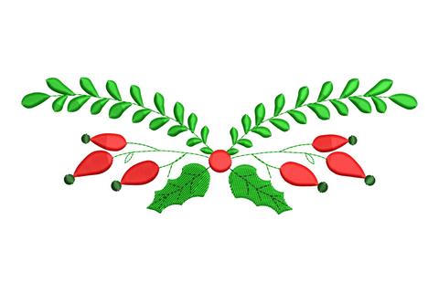 Holly berry Christmas border embroidery design in deep green and red with vein highlight, 5 sizes from 3.51 to 7.51 inches, up to 2.61 inches wide