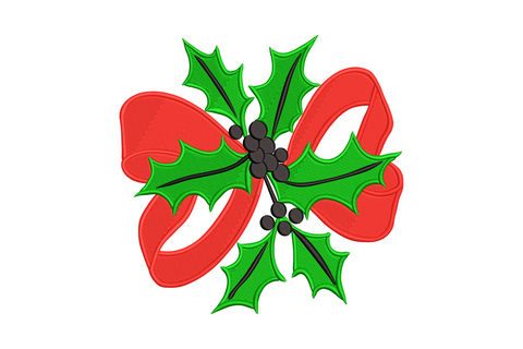 Christmas holly bow embroidery design, red ribbon bow with dark green holly leaves and black berries, 3 colors