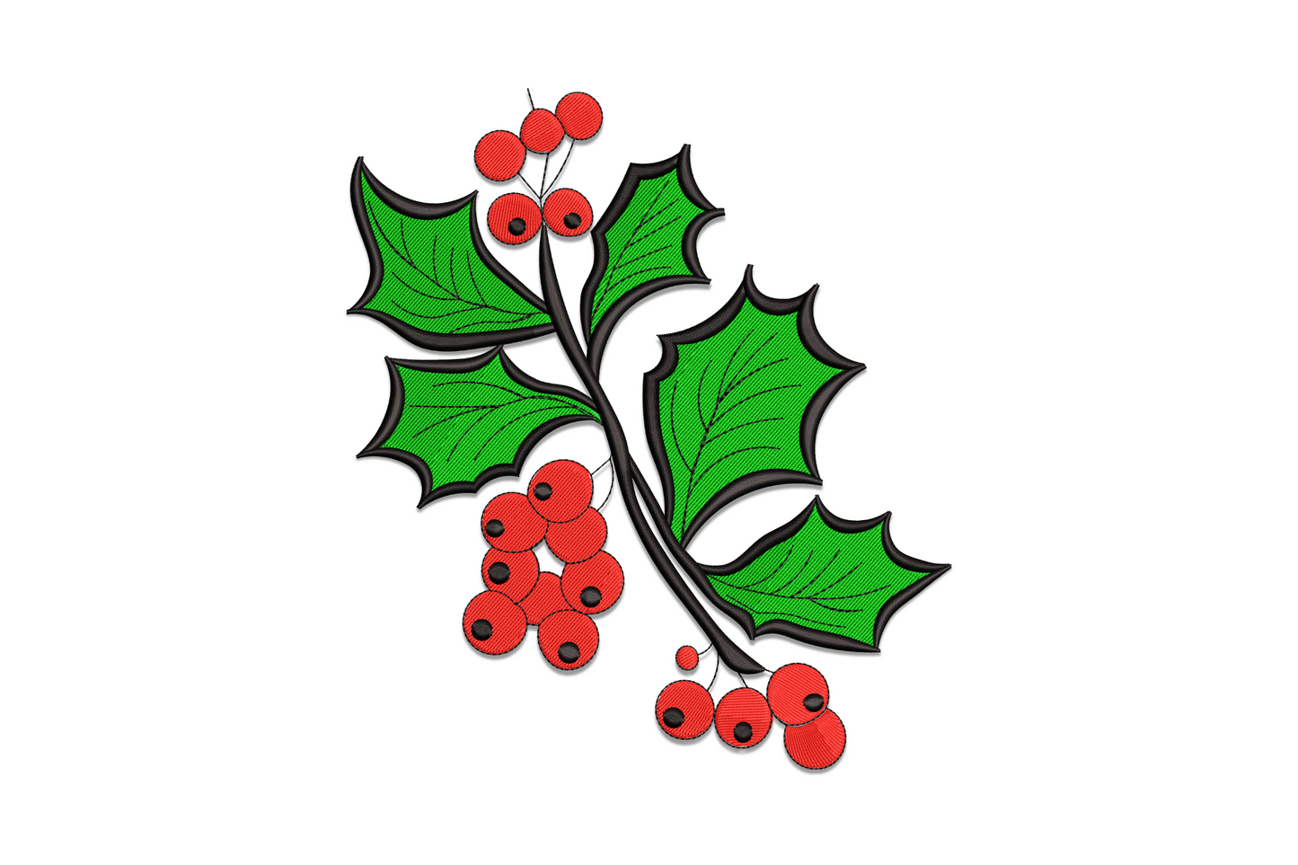 Holly branch embroidery design with forest green spiky leaves, cherry red berry cluster, and black outline on kraft linen.