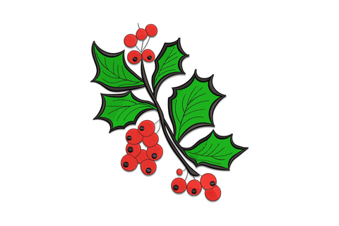 Holly branch embroidery design with forest green spiky leaves, cherry red berry cluster, and black outline on kraft linen.