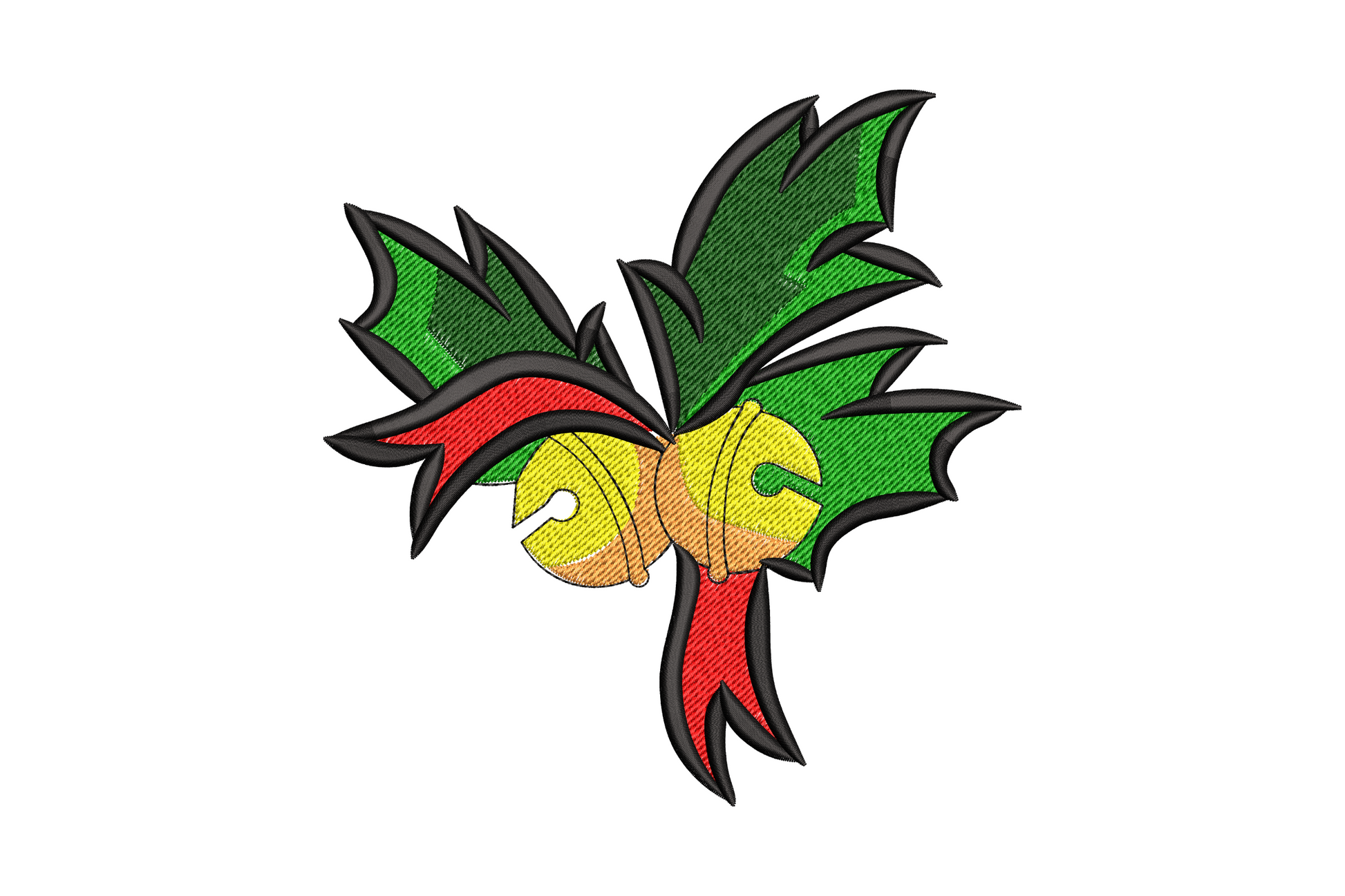 Holly jolly bells embroidery design showing two golden bells with dark green holly leaves and a red bow, Wilcom digitised, 5 sizes