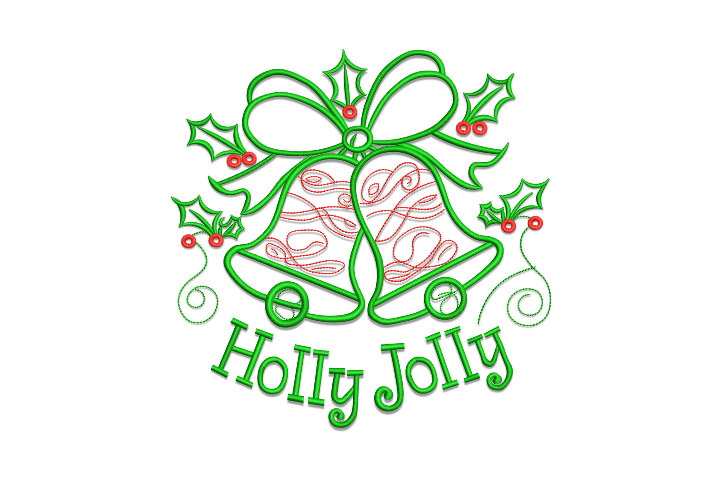 Holly jolly Christmas bells embroidery with gold bell pair, red ribbon bow, holly leaves and berries in a classic 2-colour holiday design