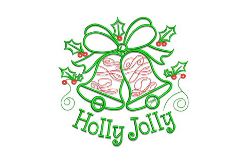 Holly jolly Christmas bells embroidery with gold bell pair, red ribbon bow, holly leaves and berries in a classic 2-colour holiday design