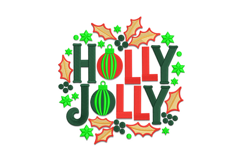 Holly Jolly Christmas typography embroidery design, festive lettering with holly leaves and berries in 5 colours, holiday word art for sweatshirts and home decor