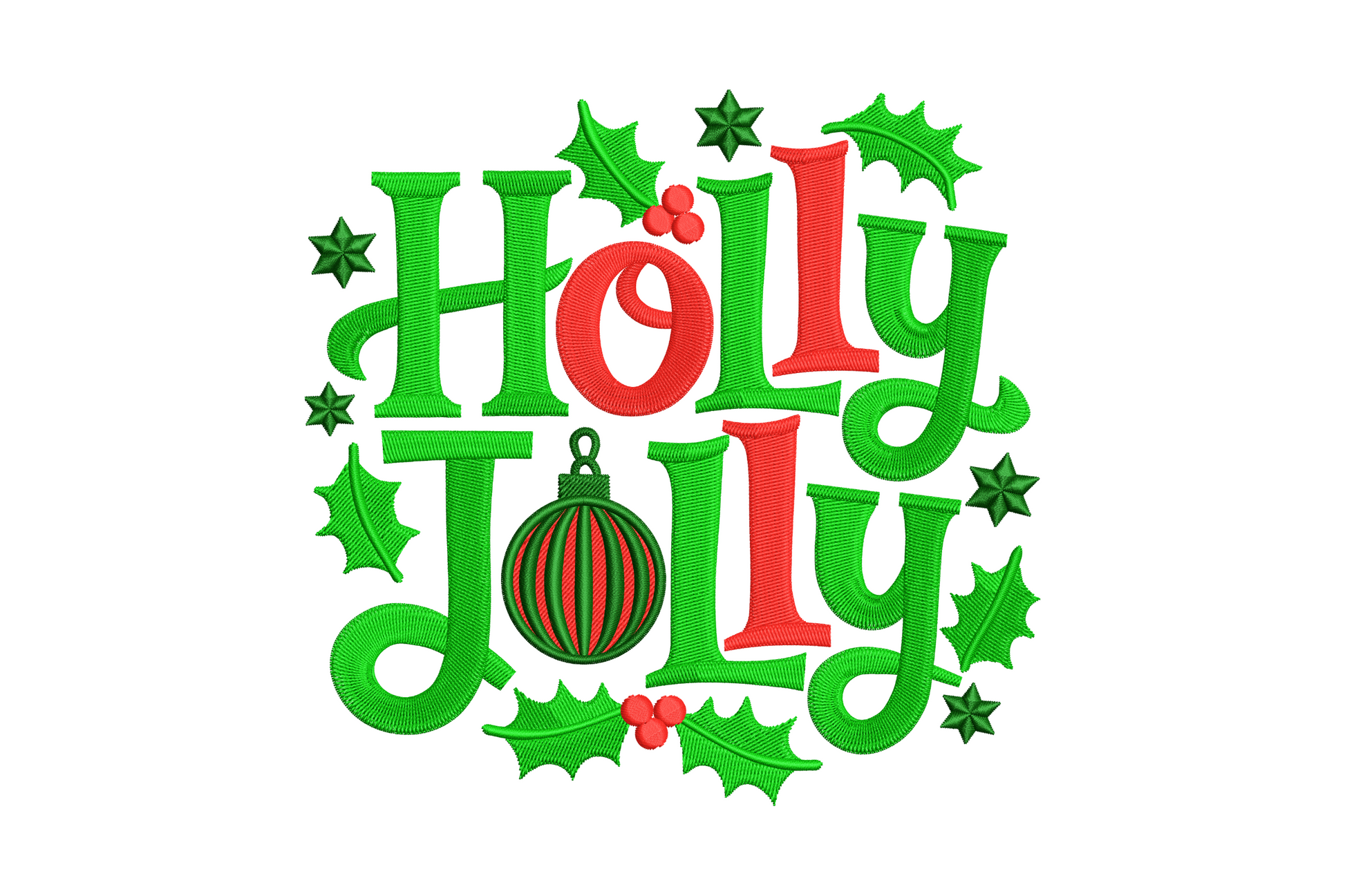 Holly Jolly Christmas embroidery design, bouncy script lettering with holly sprigs and red berries, three-color holiday typography for sweaters and stockings