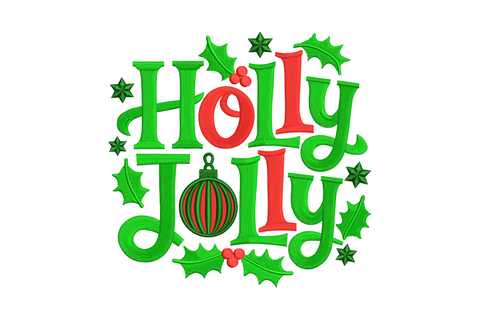 Holly Jolly Christmas embroidery design, bouncy script lettering with holly sprigs and red berries, three-color holiday typography for sweaters and stockings