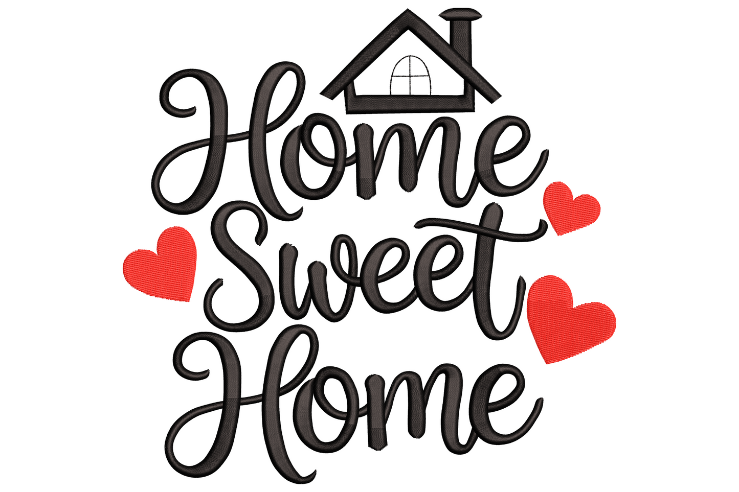 Home sweet home embroidery design with three-line black cursive script, small line-drawn house roof on top and three red heart accents.