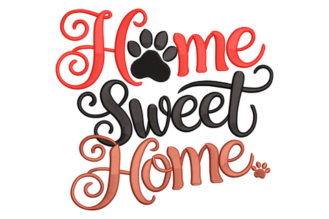 Home Sweet Home embroidery design in coral red, black and tan curly script with a tiny black paw print in the middle.