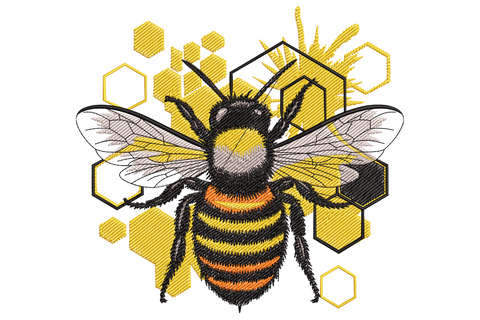 Honey bee embroidery design with fuzzy striped body, layered cream wings and golden yellow honeycomb hexagons behind it.