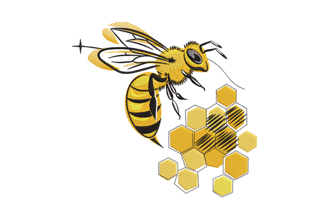 Honey bee on honeycomb embroidery, realistic side profile bee flying above seven amber hexagon cells with detailed wings and fur