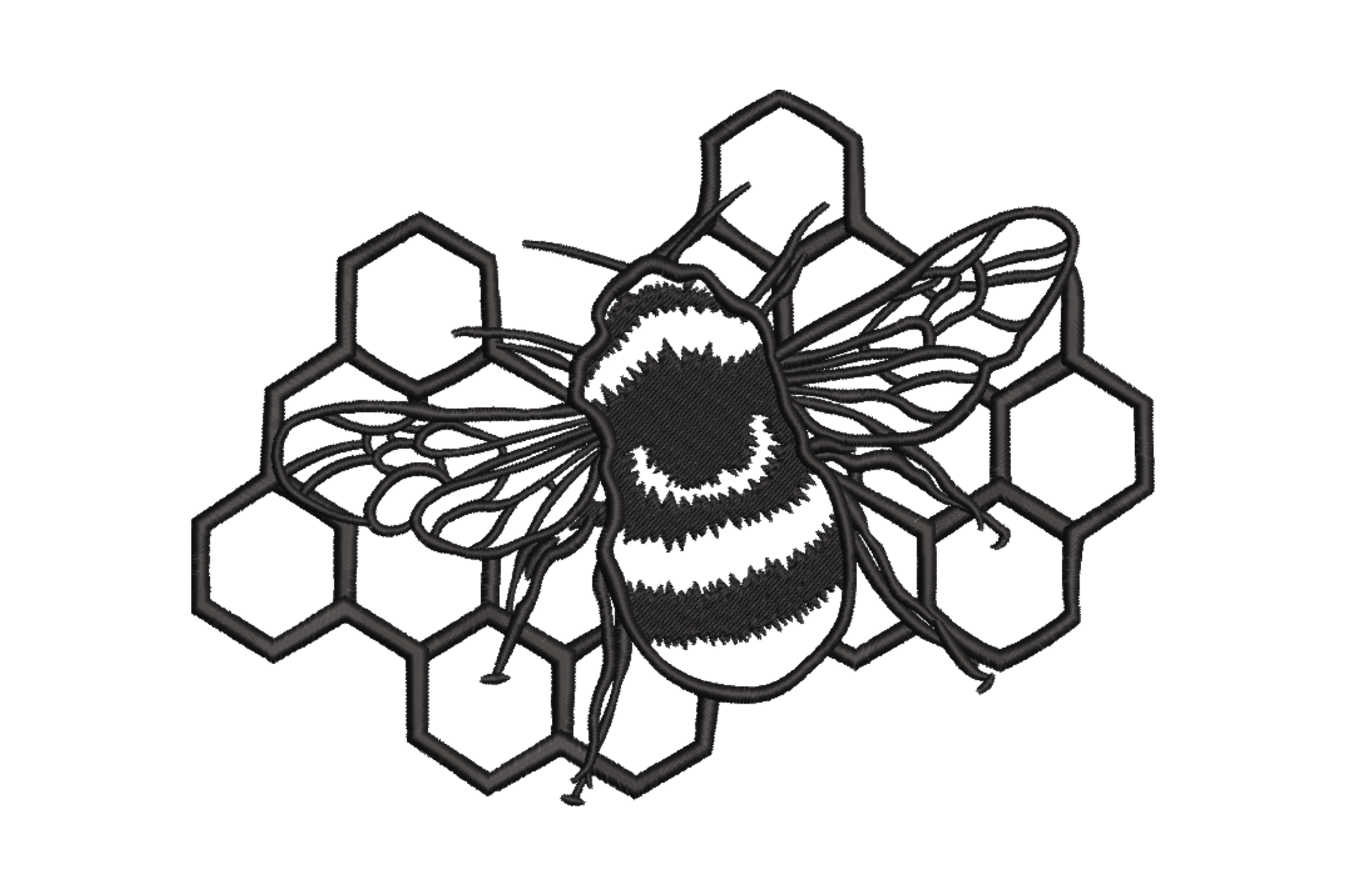 Honey bee on honeycomb cells, detailed wing veins, naturalist line-work style, single black thread embroidery