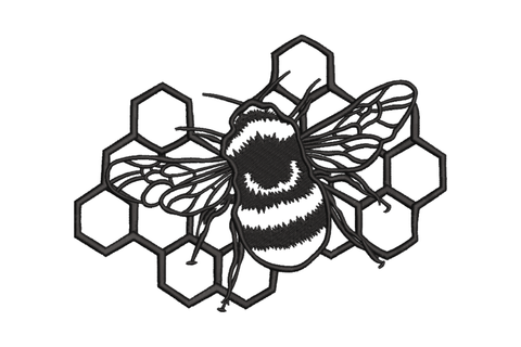 Honey bee on honeycomb cells, detailed wing veins, naturalist line-work style, single black thread embroidery