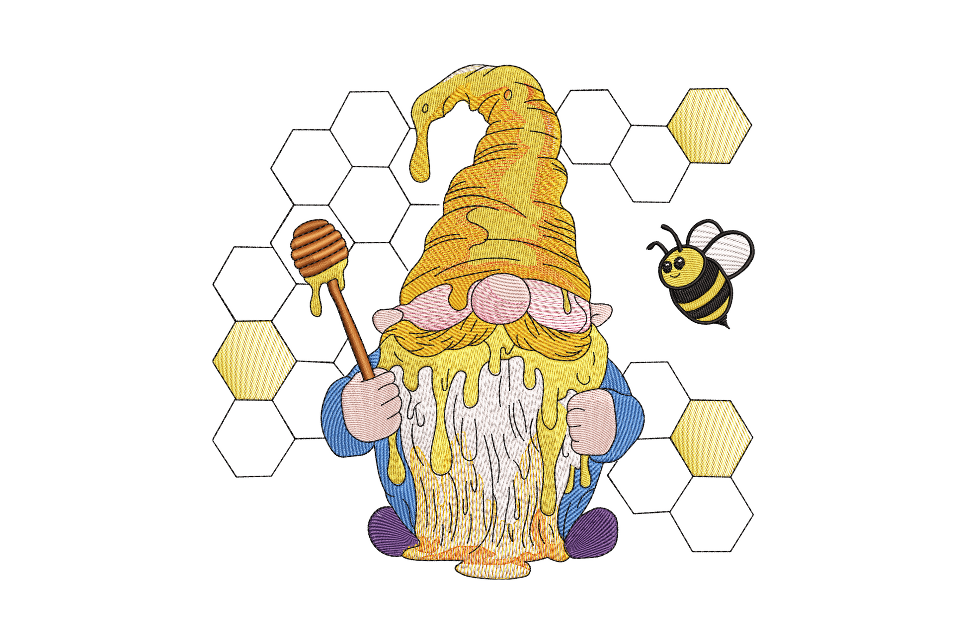 Honey gnome embroidery design with honey pot and bee details, 10 colours, 5 sizes 3.33 to 7.14 inches, farmhouse style