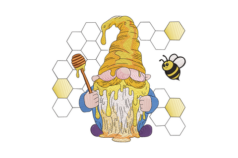 Honey gnome embroidery design with honey pot and bee details, 10 colours, 5 sizes 3.33 to 7.14 inches, farmhouse style