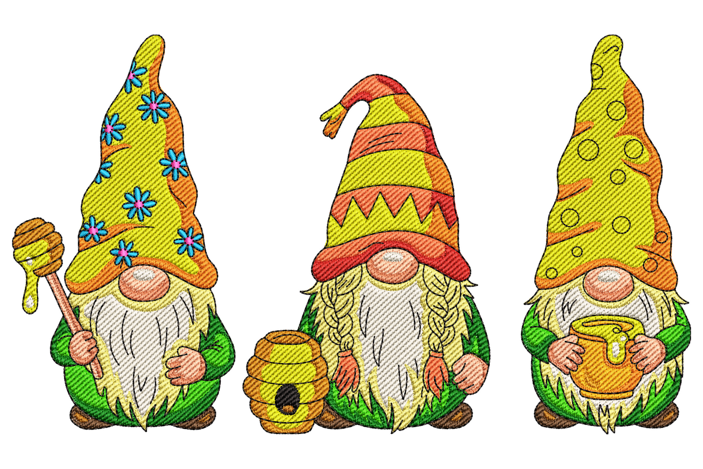 Three honey gnomes in a row with decorated hats, holding a honey dipper, pot, and jar on green grass.