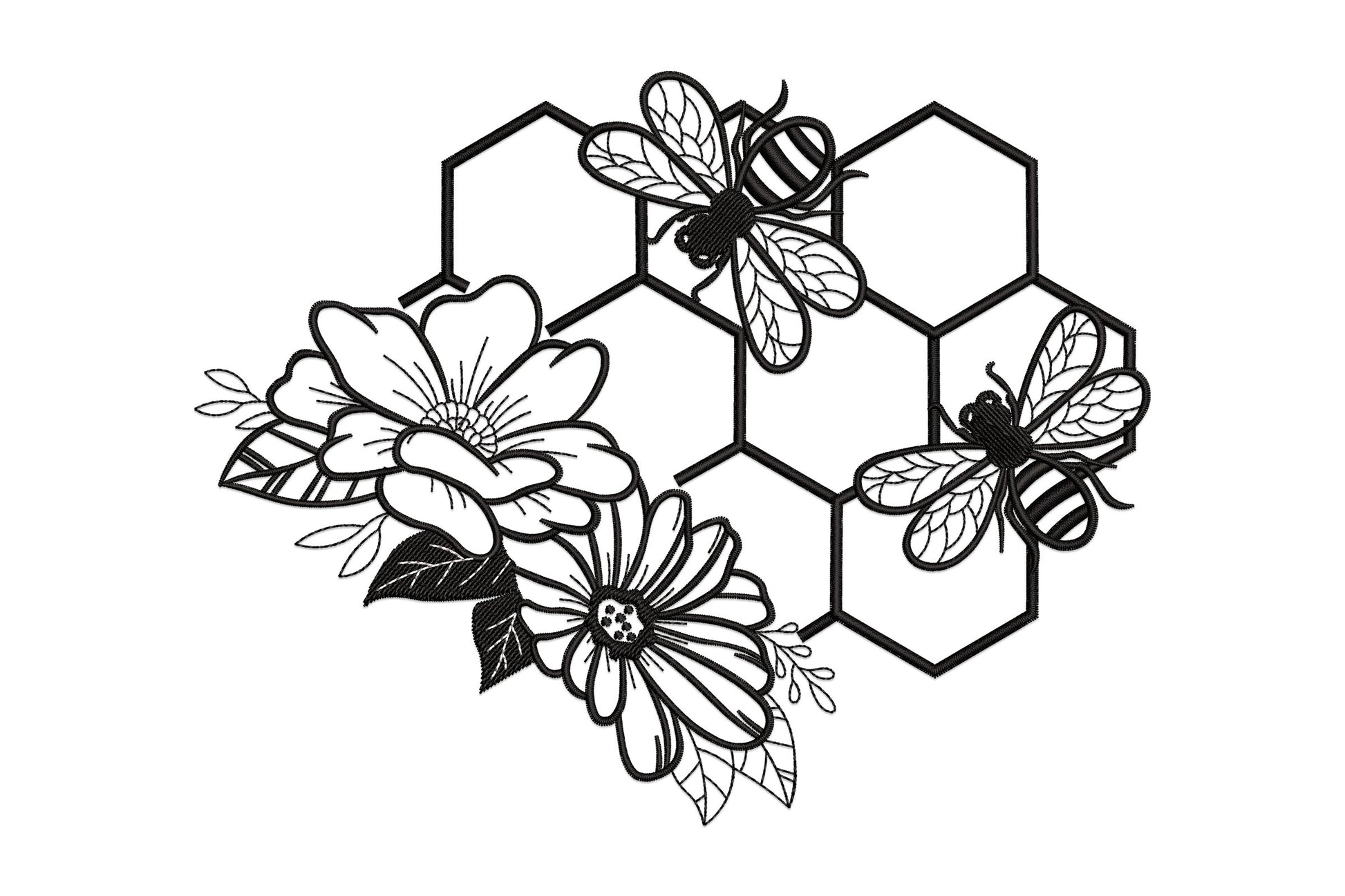 Honeycomb bee floral embroidery design with three open hexagon cells, two detailed bees and large botanical flowers in black outline.