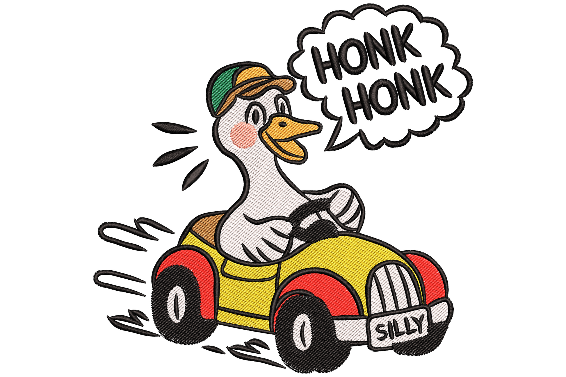 Embroidery design of white goose driving red car, HONK text above, open beak, wide wild eyes, 8 colour funny meme