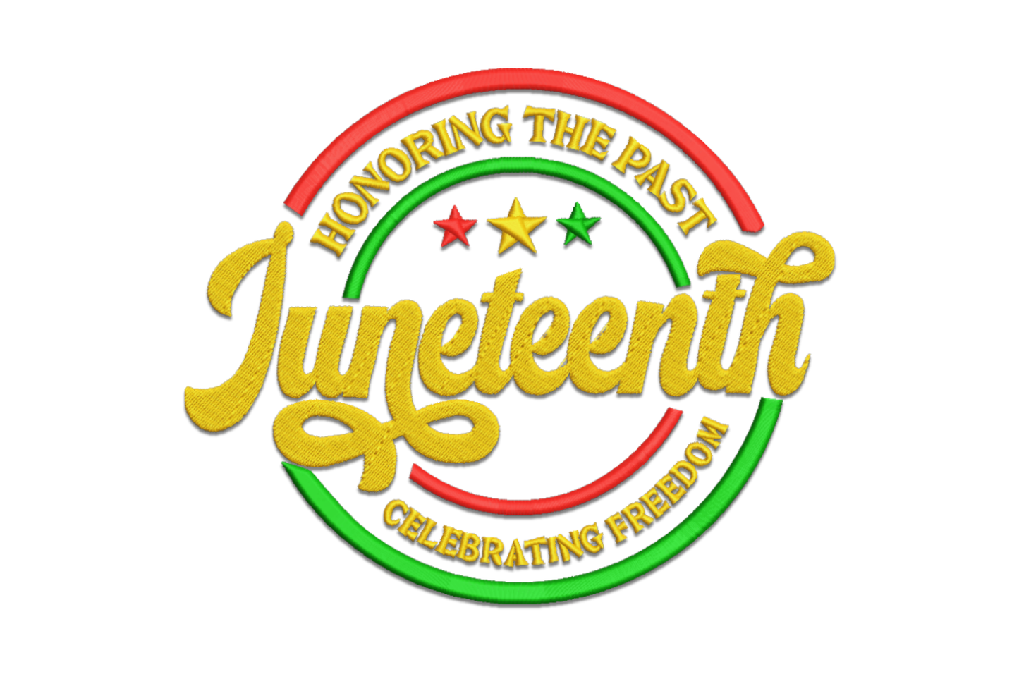 Juneteenth circle badge crest in gold with red and green double rim, Honoring the Past top arc Celebrating Freedom bottom.
