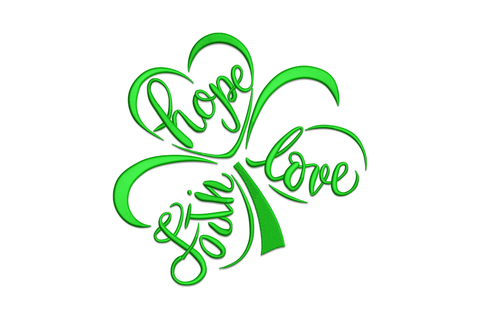 Hope love faith shamrock design, three-leaf clover outline with Hope Love Faith script across the leaves in one colour.