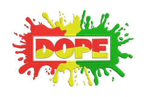 Pan-African paint splash embroidery, Dope in block letters inside a frame with red yellow and dark green ink burst.