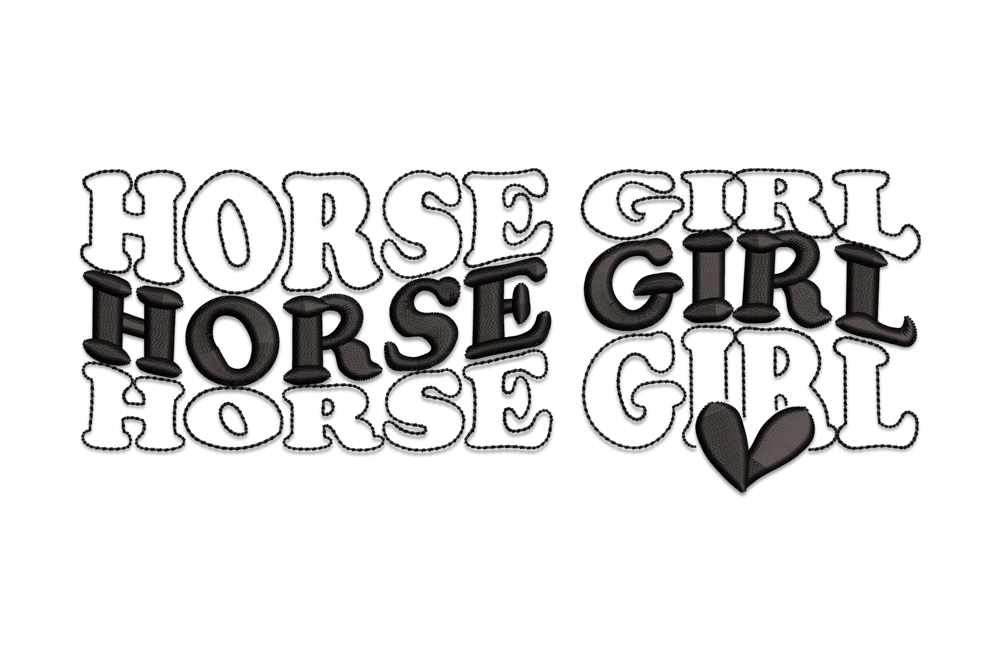 Retro bubble-letter HORSE GIRL two-column stacked word art with heart embroidery design