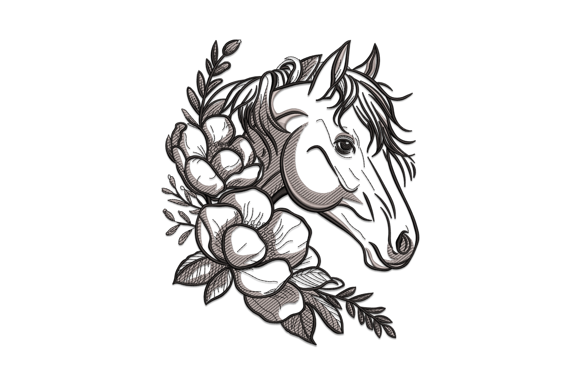 Horse head floral embroidery with sketchy linework, peony blooms and crosshatch shading in charcoal and grey.