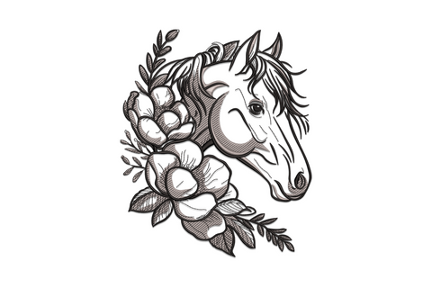 Horse head floral embroidery with sketchy linework, peony blooms and crosshatch shading in charcoal and grey.
