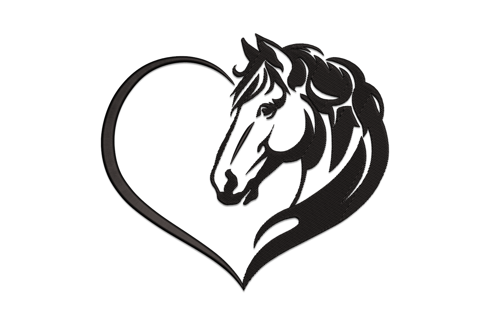 Horse head and heart embroidery design, black sketch-style fill with directional mane strokes inside a heart outline.