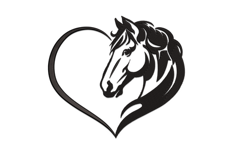 Horse head and heart embroidery design, black sketch-style fill with directional mane strokes inside a heart outline.