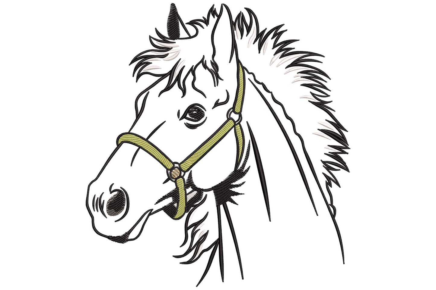 Horse head line art embroidery in black and charcoal, three-quarter profile with flowing mane, minimal contour style.