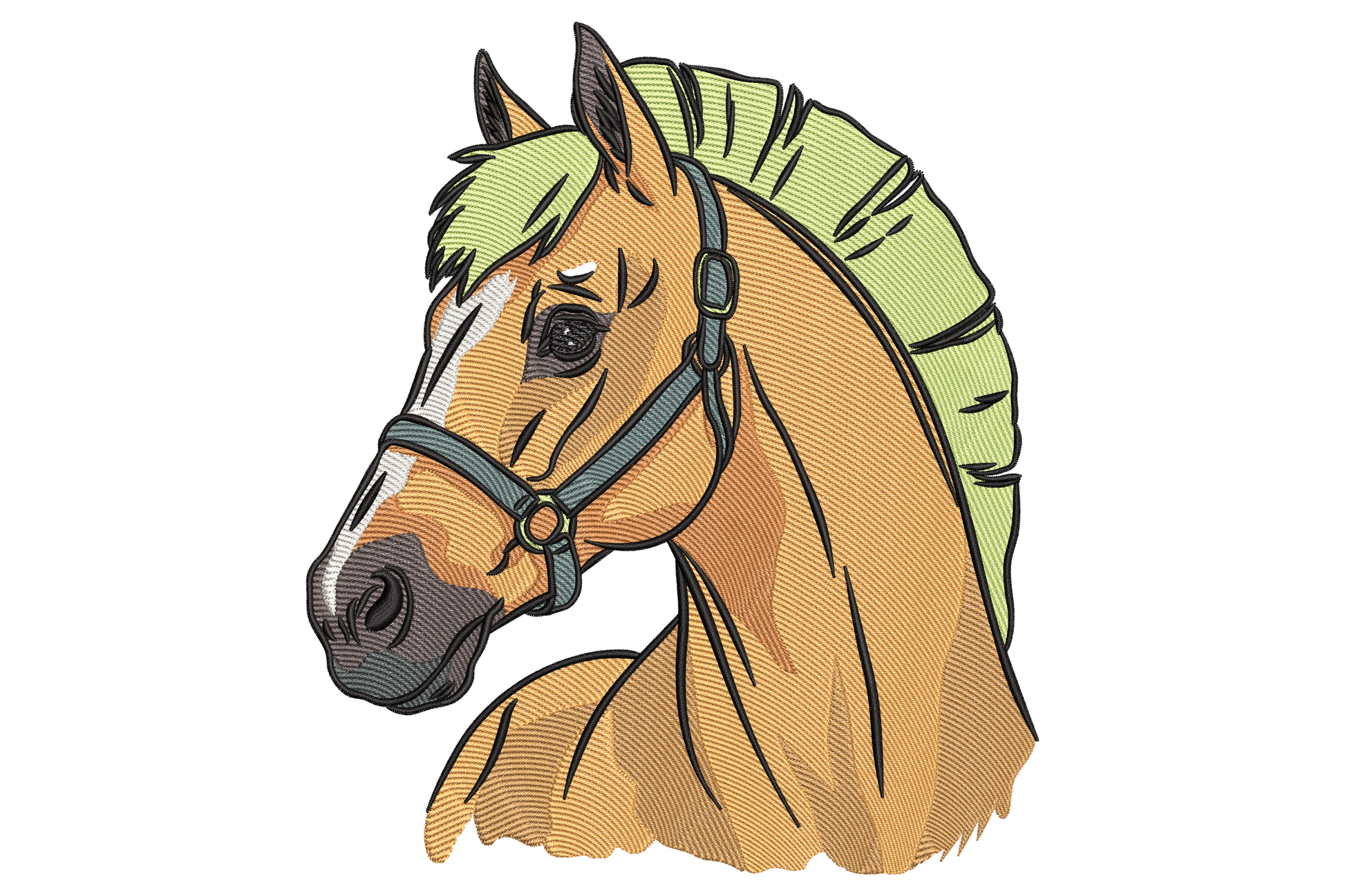Stylised palomino horse head portrait embroidery with chartreuse green ridged mane, grey-blue halter and black outline.
