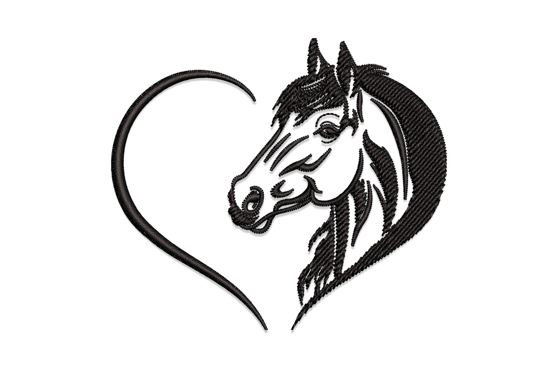Horse heart embroidery design showing a detailed horse head inside an open heart outline in black thread.