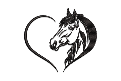 Horse heart embroidery design showing a detailed horse head inside an open heart outline in black thread.