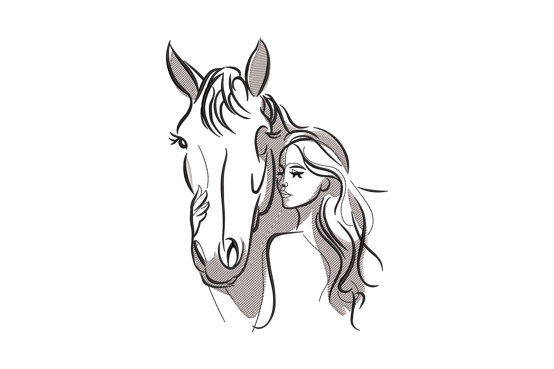 Machine embroidery design of a girl and horse portrait in dark brown and black thread, side-by-side pose on white fabric
