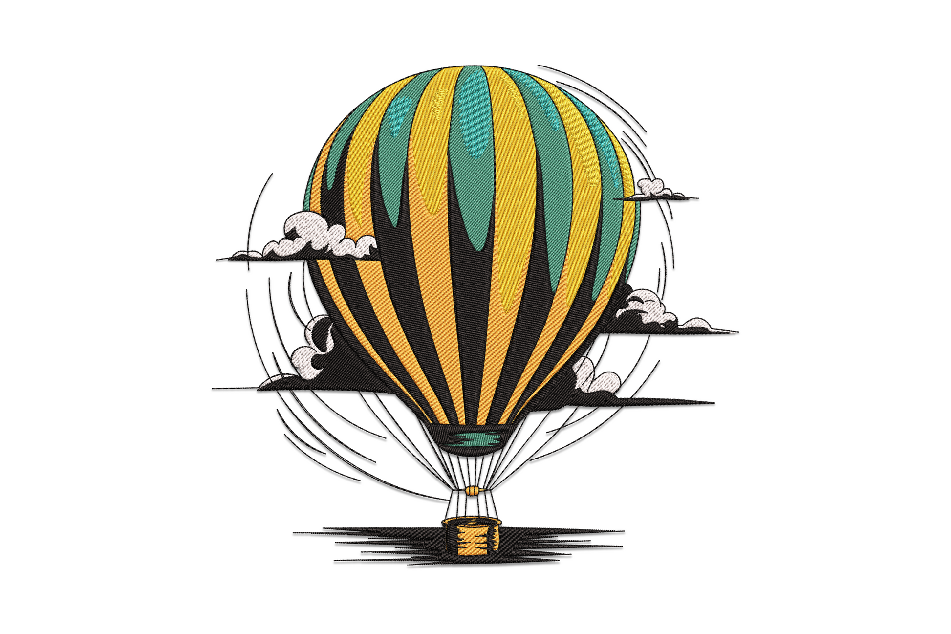 Hot air balloon embroidery design with orange and teal stripe panels, wispy clouds and wicker basket in vintage etching style, 7 colour machine embroidery.