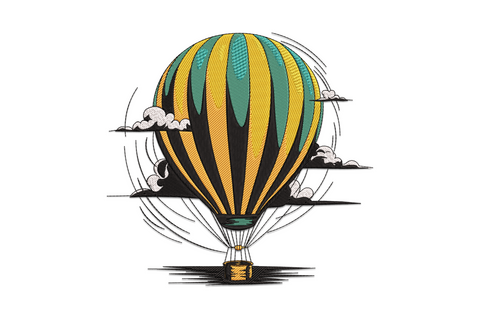 Hot air balloon embroidery design with orange and teal stripe panels, wispy clouds and wicker basket in vintage etching style, 7 colour machine embroidery.
