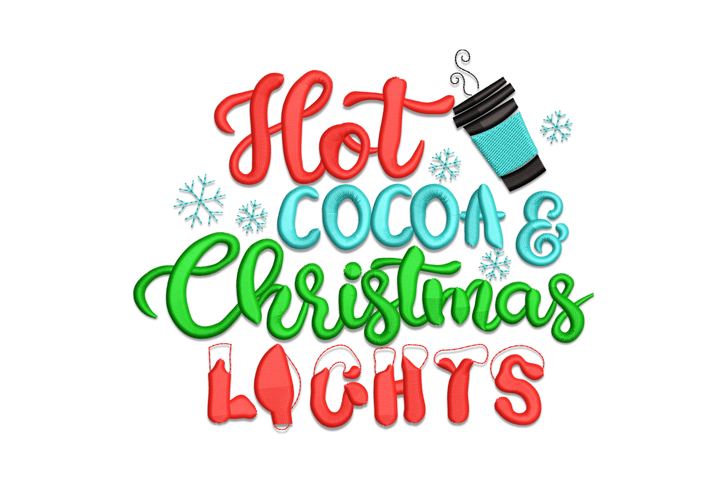 Hot Cocoa and Christmas Lights embroidery design in 4 colours, stacked holiday typography with cocoa cup icon and light bulb letters, on kraft pillow fabric.
